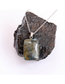 Rectangular Cut Labradorite Stone Necklace – Steel Chain