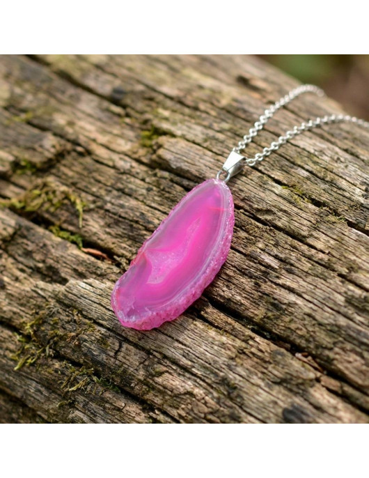 Collar Rodaja de Piedra Ágata Rosa – Cadena de Acero